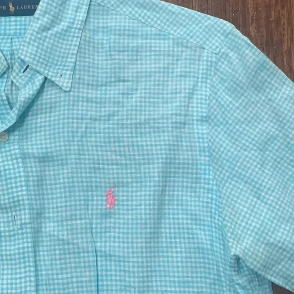 Ralph Lauren Polo Gingham Shirt Size Medium Blue 100% Linen - Picture 2 of 7